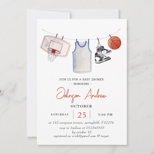 Invitation Couleur d'aquarelle du baby shower de basket perso (Devant)