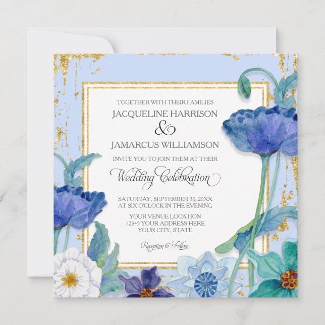 Invitation Couleur d'eau blanche de Periwinkle Floral Gold Fr (Devant)