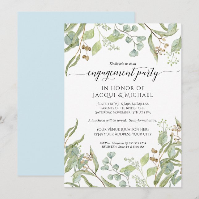 Invitation Couleur d'eau de la partie d'engagement Eucalyptus (Devant / Derrière)