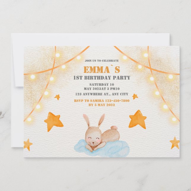 Invitation Couleur d'eau de lapin mignonne Baby First Birthda (Devant)