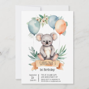 Invitation Couleur d'eau douce Koala avec ballons d'anniversa