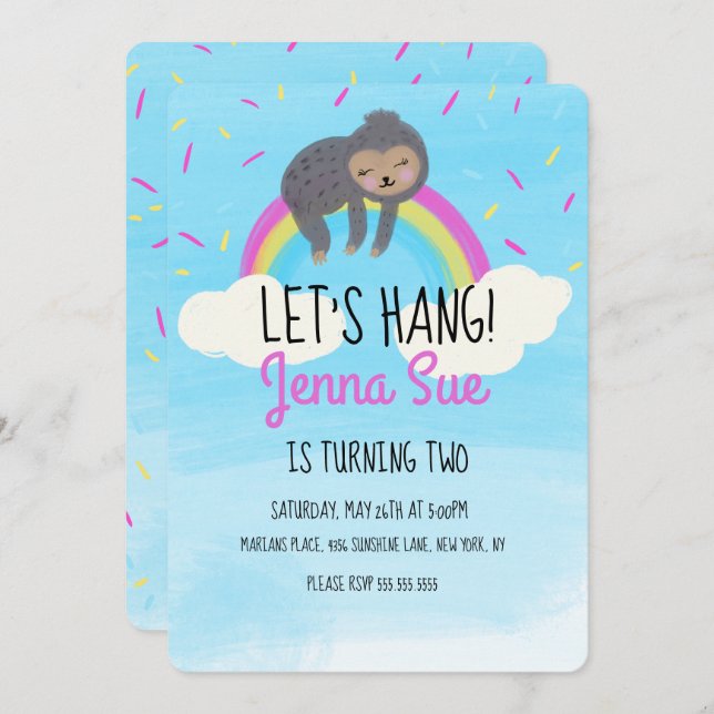 Invitation Couleur d'eau douce Sloth Arc-en-ciel fête d'anniv (Devant / Derrière)