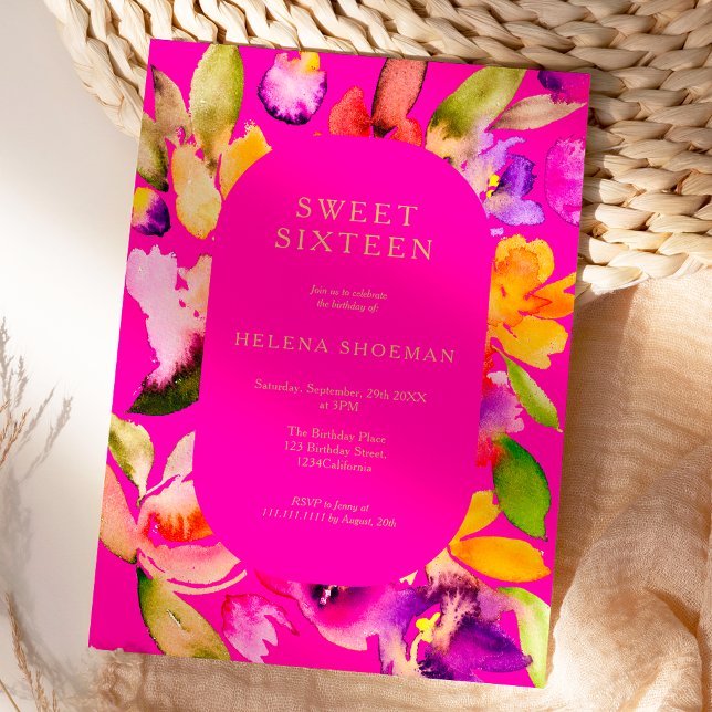 Invitation Couleur d'eau fleurie de chute d'or Sweet 16 (Bold fall oversize floral watercolor Sweet 16 Invitation on neon pink)