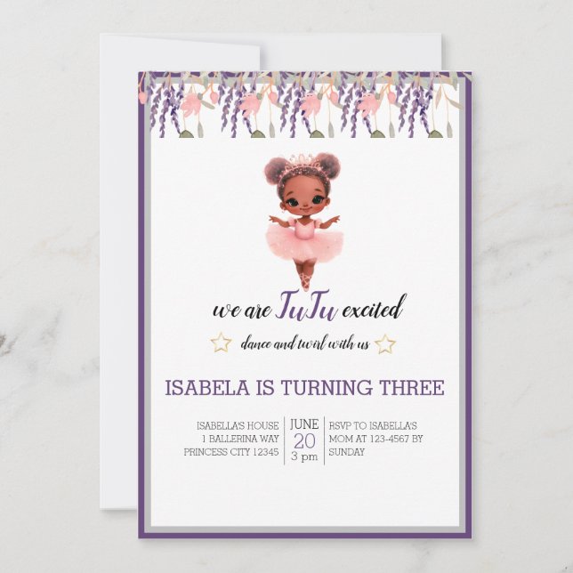 Invitation Couleur d'eau Floral Ballerina Dancer Anniversaire (Devant)