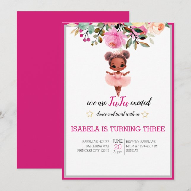 Invitation Couleur d'eau Floral Ballerina Dancer Anniversaire (Devant / Derrière)
