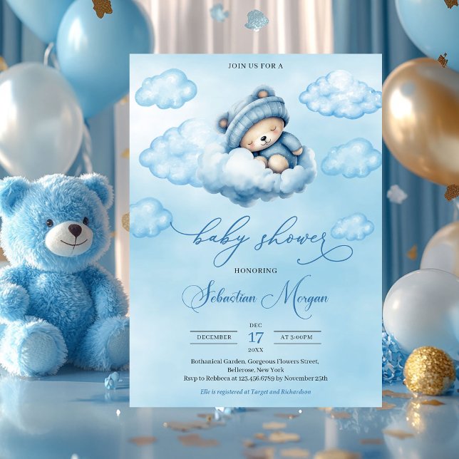 Invitation Couleur d'eau mignonne ours en peluche dormant sur (boy baby shower invitation with sleeping teddy bear)