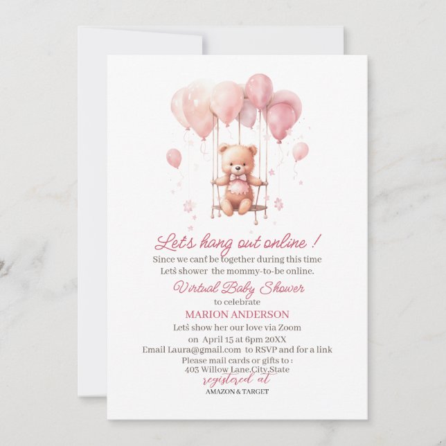 Invitation Couleur d'eau rose Bearly Wait Baby shower virtuel (Devant)