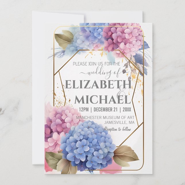 Invitation Couleur d'eau rose bleu Hydrangea Mariage Gold Fra (Devant)