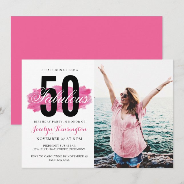 Invitation Couleur d'eau rose chaud mignonne 50e anniversaire (Devant / Derrière)