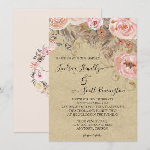Invitation Couleur d'eau rose Kraft Rose Floral Or