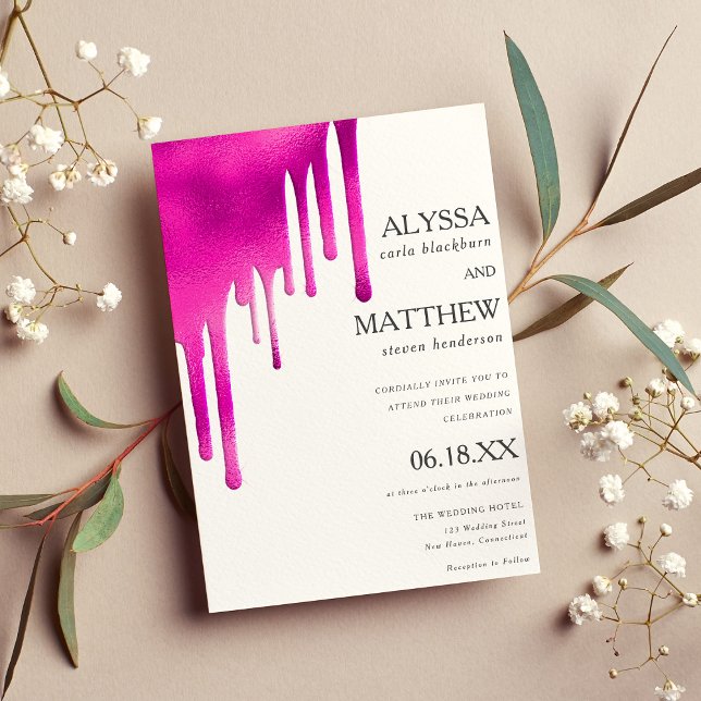 Invitation Couleur d'eau rose néon blanc gouttes mariage (White neon pink watercolor gradient drips wedding)