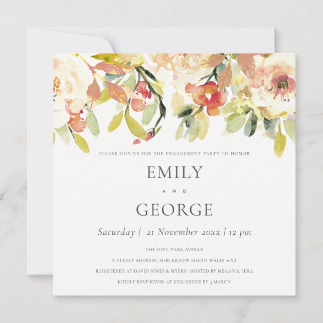 INVITATION COULEUR D'EAU ROSE ROSE BLEU DOUX FIANÇAILLES FLOR (Devant)