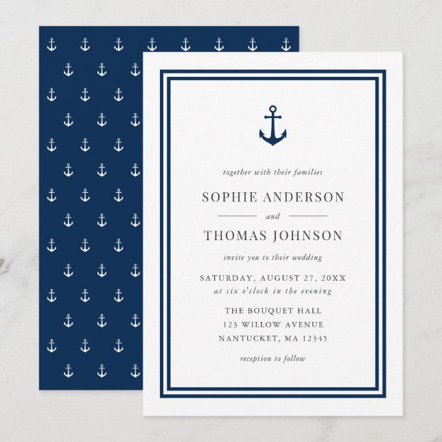 Invitation Couleur modifiable Mariage d'Ancres classique mode (Devant / Derrière)