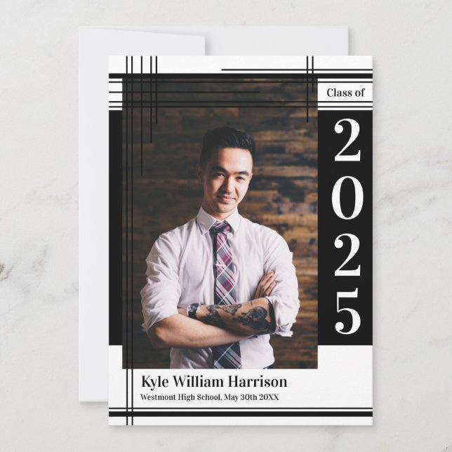 Invitation Couleur noire blanche de l'école Graduation Photo  (Devant)