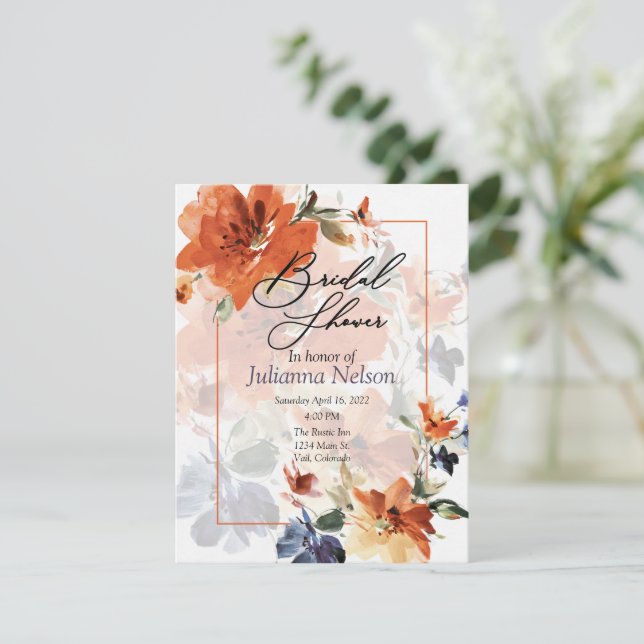 Invitation Couleur orange et bleu automne floral (Debout devant)