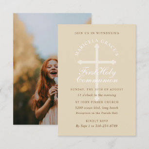 Invitation Couleur personnalisée Croix beige Première communi