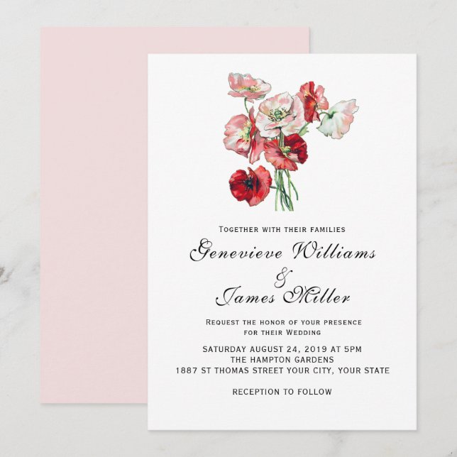 Invitation Couleur Personnalisée Romantique Rouge/Pink Mariag (Devant / Derrière)