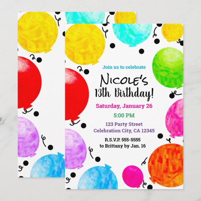Invitation Couleur Pop Fun Party Balloons Anniversaire Fête (Devant / Derrière)