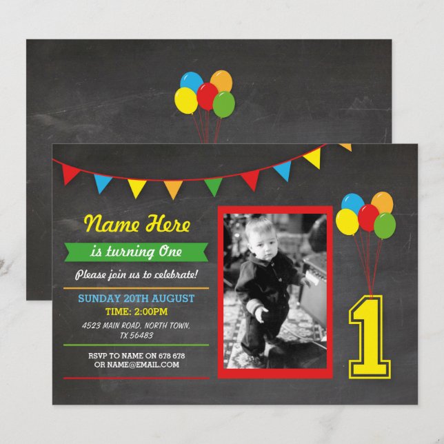 Invitation Couleur primaire Filles d'anniversaire garçons 1èr (Devant / Derrière)