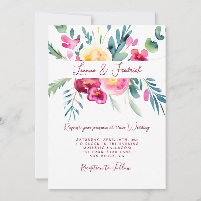 Invitation Couleur rose et fushia aquarelle florale personnal (Devant)