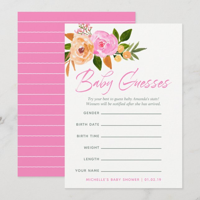 Invitation Couleur rose fleurs sauvages Baby Predictions Jeu (Devant / Derrière)