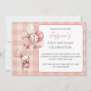 Invitation Couleur rose pâle Bunny 1er anniversaire fête