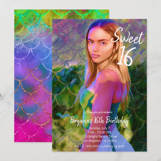 Invitation Couleur Splash Sirène photo Sweet 16 Partie (Devant / Derrière)