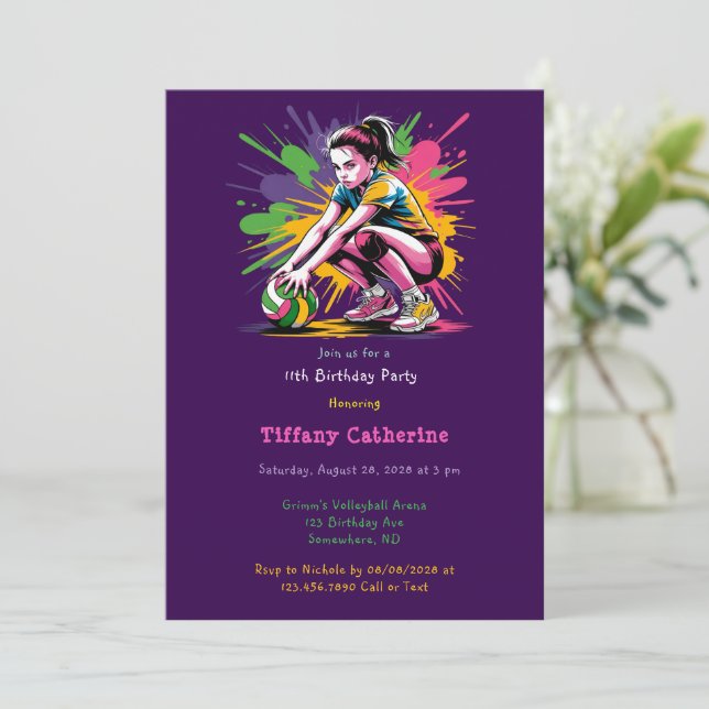 Invitation Couleur Splash Volleyball Fille Anniversaire (Debout devant)