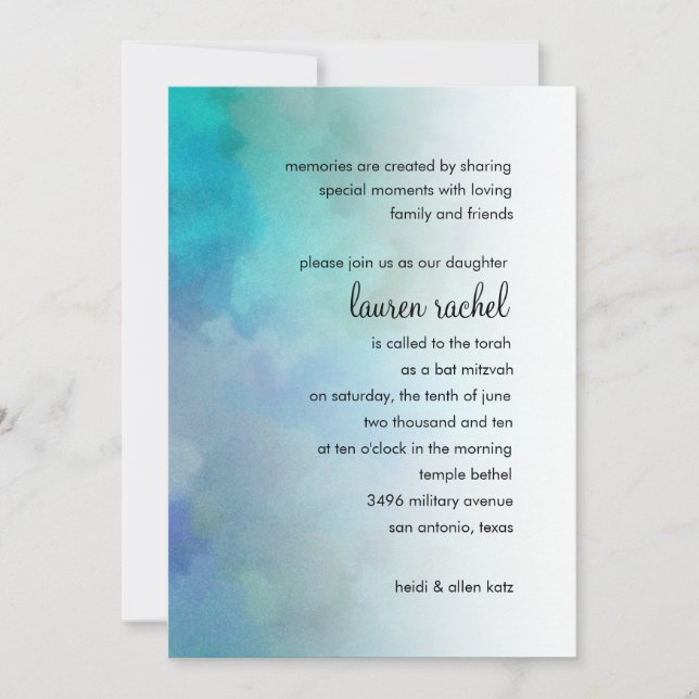 Invitation Couleurs Cool bat mitzvah Aqua bleu violet blanc (Devant)