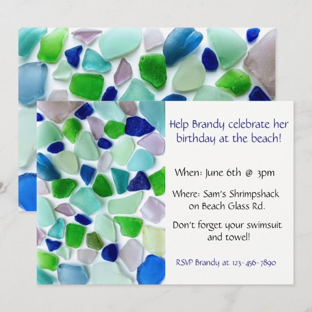 Invitation Couleurs cool Sea Glass Beach Party (Devant / Derrière)
