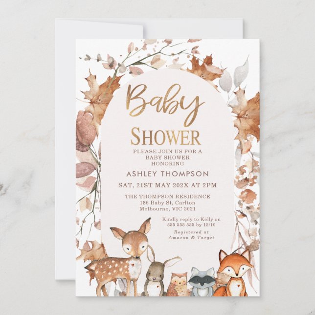 Invitation Couleurs d'automne Foliage Bois Baby shower Animau (Devant)