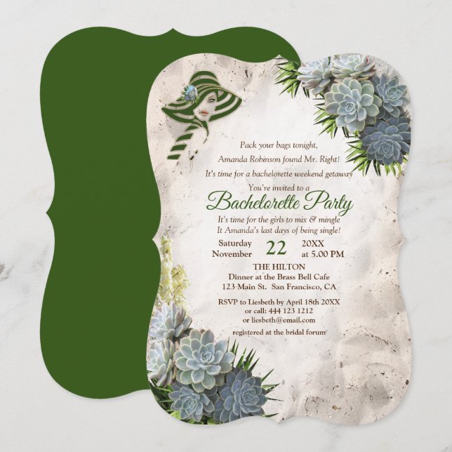 Invitation Couleurs de plage Vert & Succulent Bachelorette Pa (Devant / Derrière)