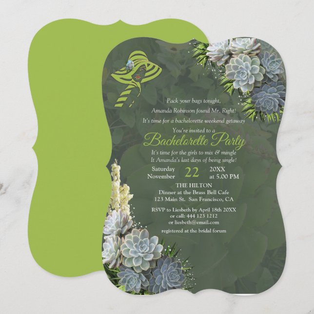Invitation Couleurs de plage Vert & Succulent Bachelorette Pa (Devant / Derrière)