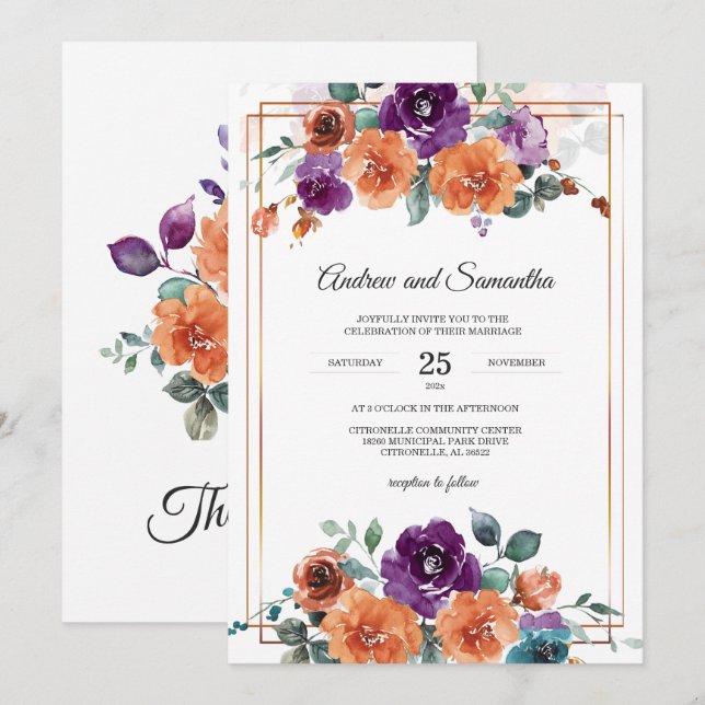 Invitation Couleurs Mariages violettes et orange brûlées (Devant / Derrière)