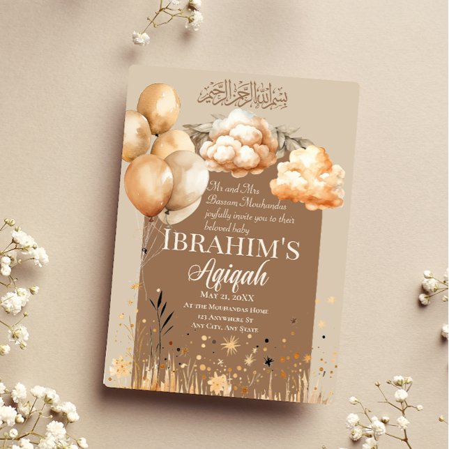 Invitation Couleurs neutres mignons Bébé islamique Aqiqah (Créateur téléchargé)