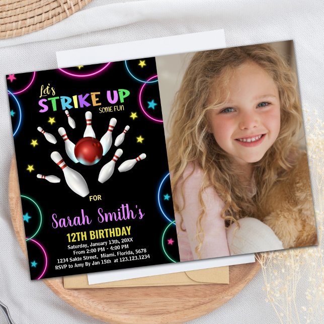 Invitation Couleurs noires Rainbow Photo Bowling Anniversaire (Black Colors Rainbow Photo Bowling Birthday Invitation)