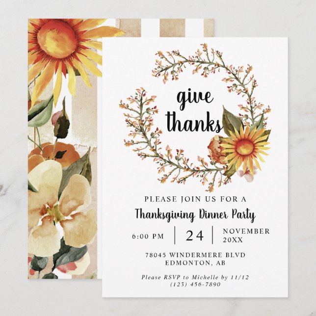 Invitation Couleurs Orange Chute Fleurs Thanksgiving Dîner (Devant / Derrière)