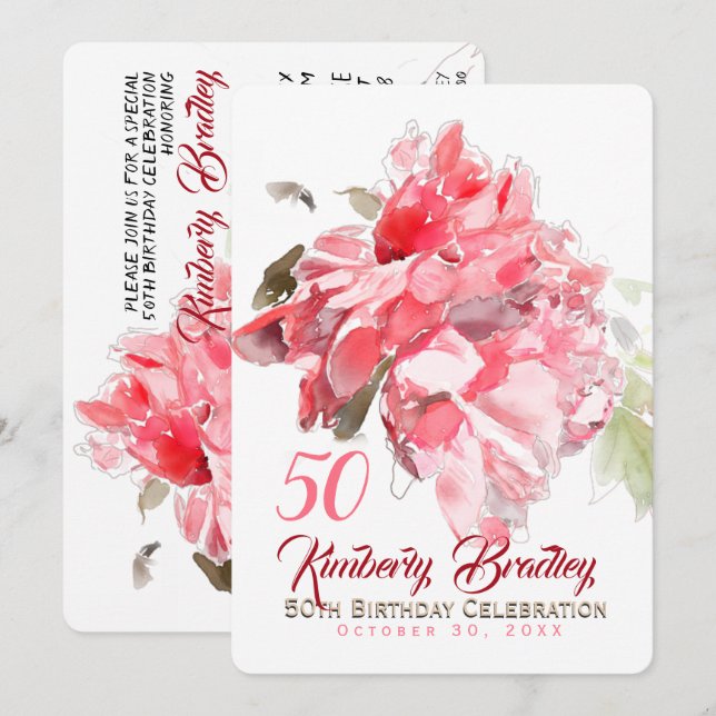 Invitation Couleurs originales Peony 50th Birthday Party Inv (Devant / Derrière)