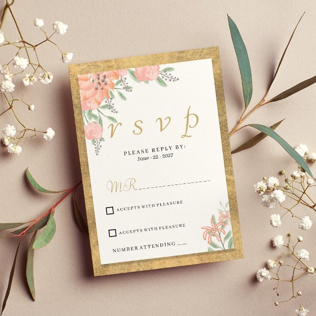 Invitation Couleurs pastel or aquarelle cadre floral RSVP (Pastel colors gold watercolor floral frame RSVP )