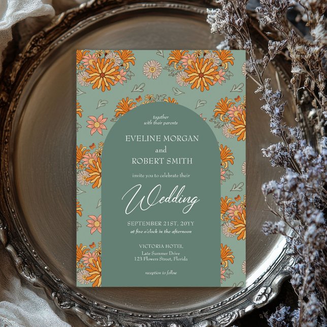 Invitation Couleurs pastel tendance rétro fleurs super mariag (retro groovy pastel colors flowers arched wedding invitation)