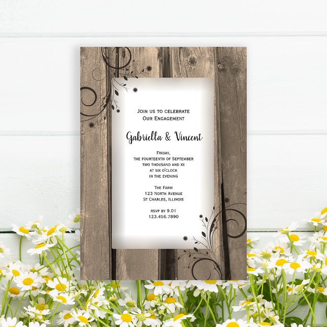 Invitation Country Barn Bois et Fleurs Partie d'engagement (Invite guests to your rustic barn party celebration with this charming engagement invitation.)
