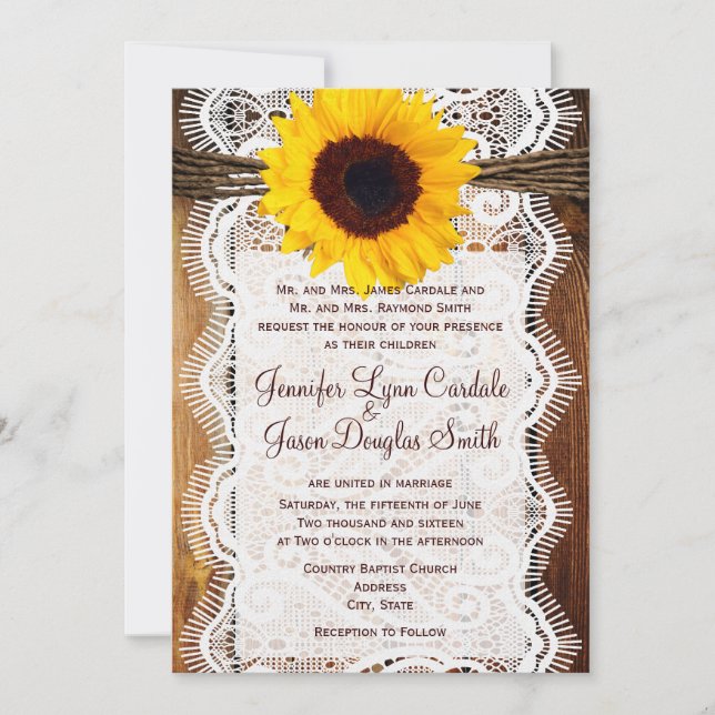 Invitation Country Barn Wood Lace Sunflower Invite au mariage (Devant)