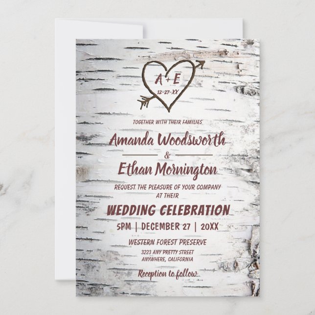 Invitation Country Birch Tree Bark Heart Flèche Mariage rusti (Devant)