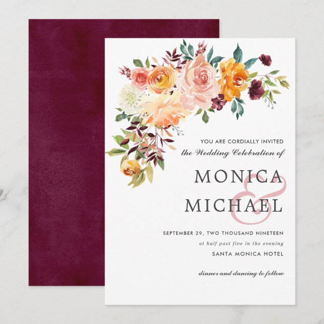 Invitation Country Bloom Bourgogne Floral corner Mariage chic (Devant / Derrière)