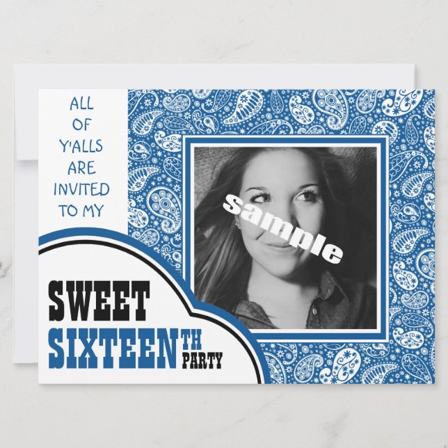 Invitation Country Blue Paisley Girl Photo Sweet Party (Devant)