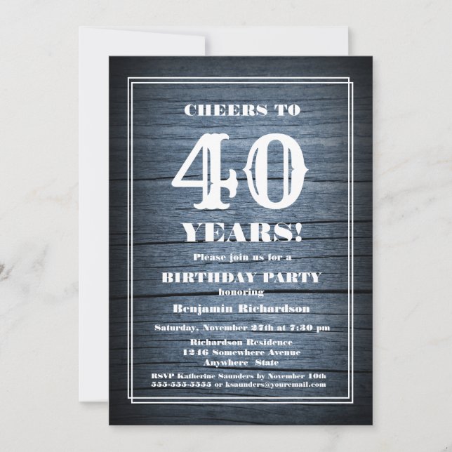 Invitation Country Blue Wood 40e fête d'anniversaire (Devant)