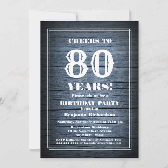 Invitation Country Blue Wood 80e fête d'anniversaire (Devant)