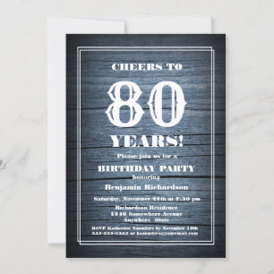 Invitation Country Blue Wood 80e fête d'anniversaire