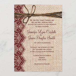 Invitation Country Burlap Maroon Lace Twine Wedine Wedding In