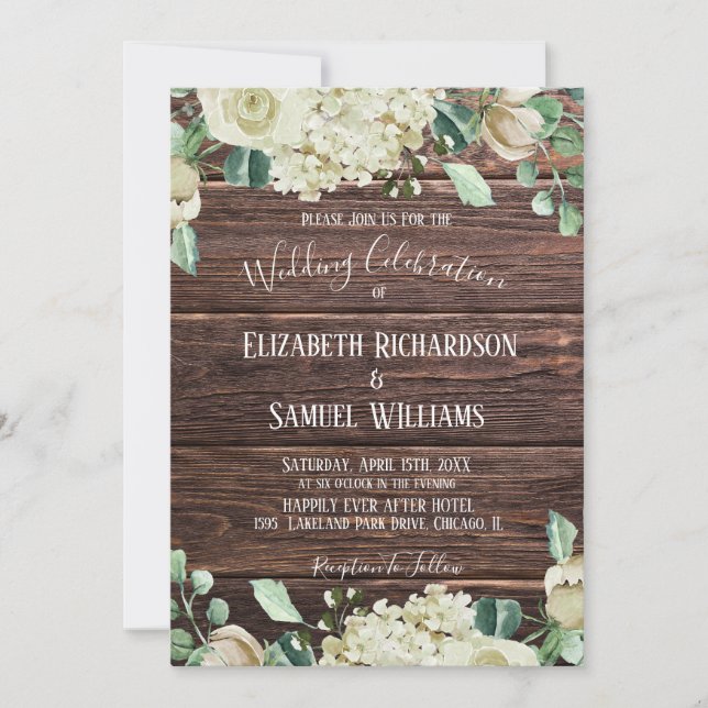 Invitation Country Chic Bois rustique Blanc Floral Aquarelle (Devant)